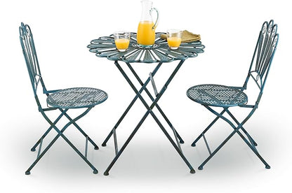 Alpine Corporation Indoor/Outdoor 3-Piece Peacock Feather Rustic Metal Bistro Set Patio Seating, Light Blue
