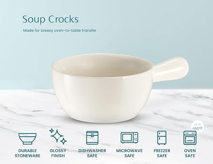 Kook French Onion Soup Crocks, Stackable Ceramic Bowls with Handles, Oven, Microwave and Dishwasher Safe, for Cereal, Soups, Casseroles, with Handle, Stoneware, 24 oz, Set of 4, White