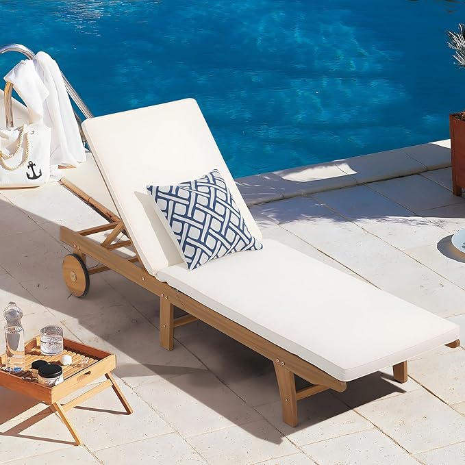 Patiorama Patio Acacia Wood Chaise Lounge, Outdoor Folding Lounge Chair Recliner w/Padded Cushion, Wheels, Adjustable Backrest, Portable Sun Lounger Pool Chair for Deck, Lawn, FSC Certified, Cream