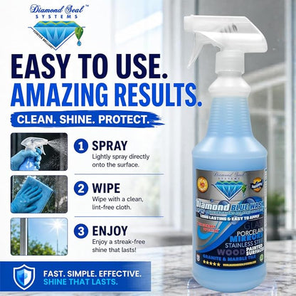Made in the USA. Diamond Blue Repellent Wash Multi Surface. Cleans,Shine Best Cleaner for Glass, Granite, Countertops Wood & Stainless Steel. Direct from the Manufacturer 32oz Easy to use spray bottle