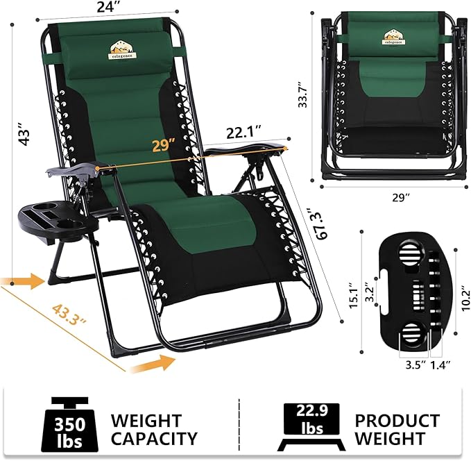 Oversized Padded Zero Gravity Lounge Chair, Foldable Patio Anti Gravity Reclining Chairs Folding Lawn Recliner with Cup Holder for Yard, Camping, Outdoor, Support 350 LBS, Green