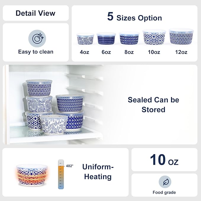 Selamica Ceramic Ramekins with Lids, 10 OZ Creme Brulee Ramekins with Covers Oven Safe, Custard Cups Small Baking Bowls for Souffle, Pudding, Onion Soup, Dips, Set of 6, Vintage Blue