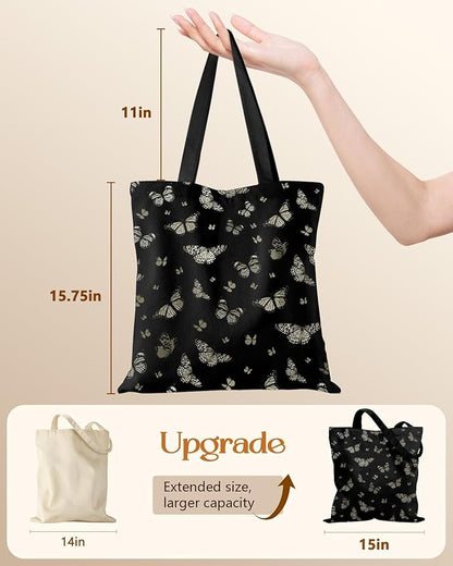Miss Adola Canvas Tote Bag for Women – Aesthetic Canvas Bag with Zipper Cute Stylish Reusable Shoulder Totes for Shopping Work Daily Vacation, Black Butterfly