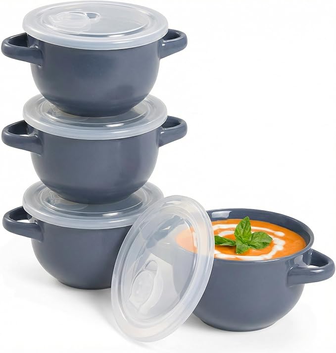 KooK French Onion Soup Bowls, Crocks, Oven Safe Bowls, Soup Mugs, Ceramic Bowls, Dishwasher, Microwave, Set of 4, 18 oz (Denim)