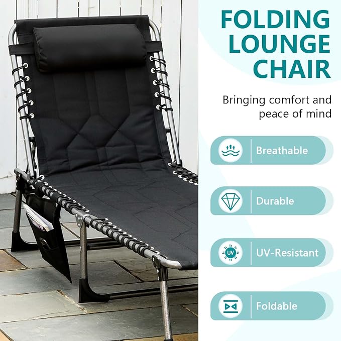 Portable Foldable Sun Tanning Chair, Heavy Duty Adjustable Folding Laying Out Chairs for Tanning, Beach Lounge Chairs for Adults for Outdoor Sunbathing Patio Pool Lawn Camping Deck (Black)