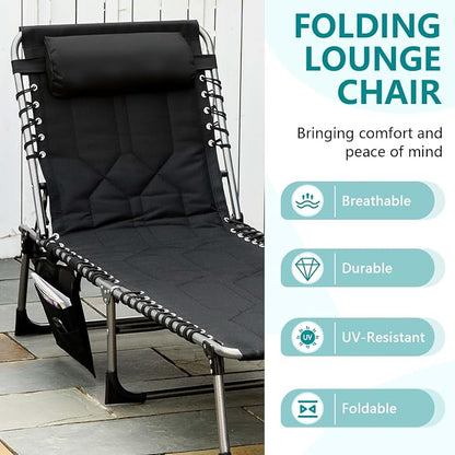 Portable Foldable Sun Tanning Chair, Heavy Duty Adjustable Folding Laying Out Chairs for Tanning, Beach Lounge Chairs for Adults for Outdoor Sunbathing Patio Pool Lawn Camping Deck (Black)