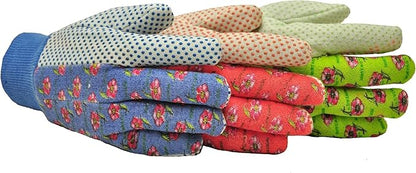 Women's Gardening Gloves, Soft Cotton Jersey, Floral Print, PVC Dot Grip, Comfortable & Durable Multi color Green, Red, Blue