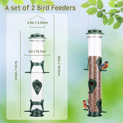 Metal Bird Feeder Tube Hanging Wild Bird Seed Feeder Aluminum Six Port Bird Feeders,1.4 mm Extra Thick Solid Tube Transparent with Steel Hanger Great for Attracting Birds (Green 2PK)
