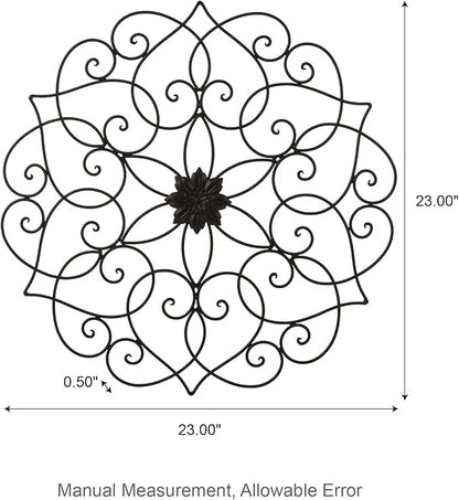 Glitzhome Black Metal Wall Art Decor, 23”H Floral Iron Wall Decor with Ornamental Scroll Design, Indoor Outdoor Wall Accent for Garden Porch Patio