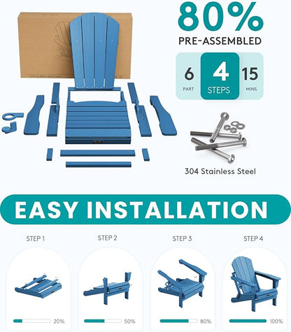 SERWALL Folding Adirondack Chair Set of 6, Weather Resistant HIPS Lawn Chairs with Cup Holder for Garden Outdoors Fire Pit- Sapphire