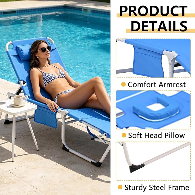 HRVEOCEI 3-in-1 Sun Tanning Chair with Face Hole,Adjustable 5-Position Folding Laying Out Chairs for Tanning,Outdoor Face Down Beach Lounger Sun Bathing Lounge Chair for Pool Deck Patio (Blue)