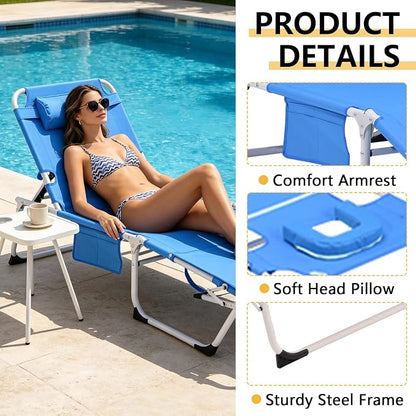 HRVEOCEI 3-in-1 Sun Tanning Chair with Face Hole,Adjustable 5-Position Folding Laying Out Chairs for Tanning,Outdoor Face Down Beach Lounger Sun Bathing Lounge Chair for Pool Deck Patio (Blue)
