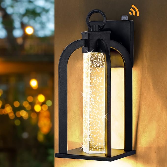 Dusk to Dawn LED Outdoor Wall Light, 14" Black Wall Lantern with Crystal Bubble Glass, Exterior Light Fixture with Photocell Sensor, IP65 Waterproof Anti Rust Outdoor Lighting for House, Garage, Porch