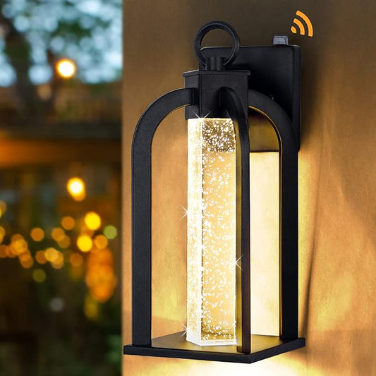 Dusk to Dawn LED Outdoor Wall Light, 14" Black Wall Lantern with Crystal Bubble Glass, Exterior Light Fixture with Photocell Sensor, IP65 Waterproof Anti Rust Outdoor Lighting for House, Garage, Porch