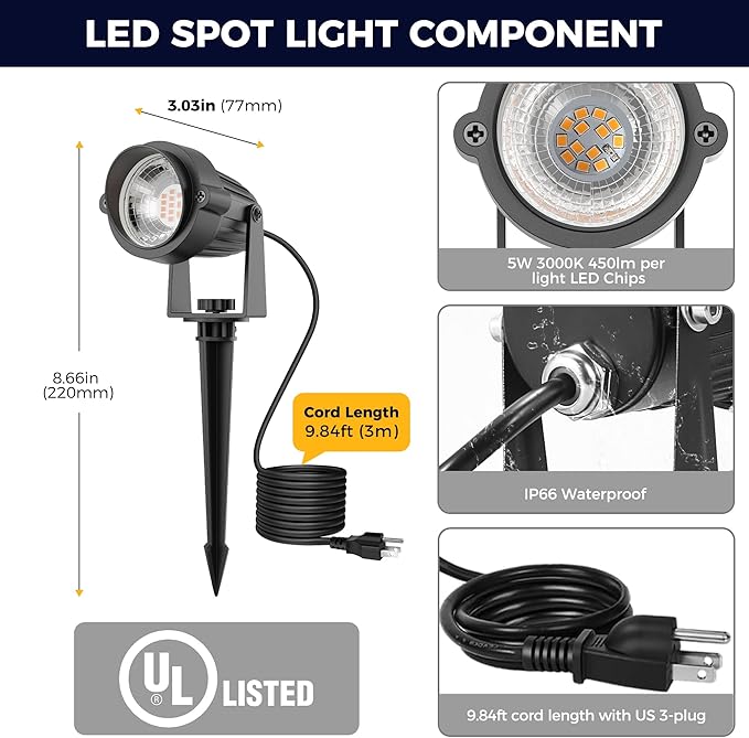 L LOHAS LED 5W Dusk to Dawn Outdoor Lighting, Auto On/Off 3000K Landscape Outdoor Spotlight, IP66 Waterproof Plug in Spot Lights for Yard, Garden, House, Pathway, Plant, UL Listed (8 Pack)