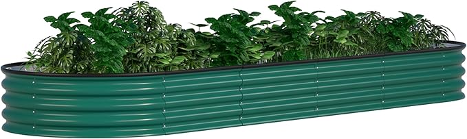MUPATER 8x2FT Outdoor Raised Garden Bed, 9-in-1 Galvanized Metal Planter Box for Vegetables, 11.1'' H Modular Garden Bed Kit Oval for Herbs and Flowers, Green