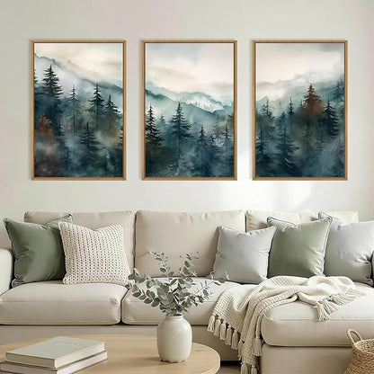 KAIRNE Watercolor Misty Forest Framed Canvas Wall Art Set, Nature Landscape Wall Decor, Foggy Mountain Pine Trees Wall Painting, Jungle Scenery Artwork for Living Room, Bedroom, Office-24 x36 x3