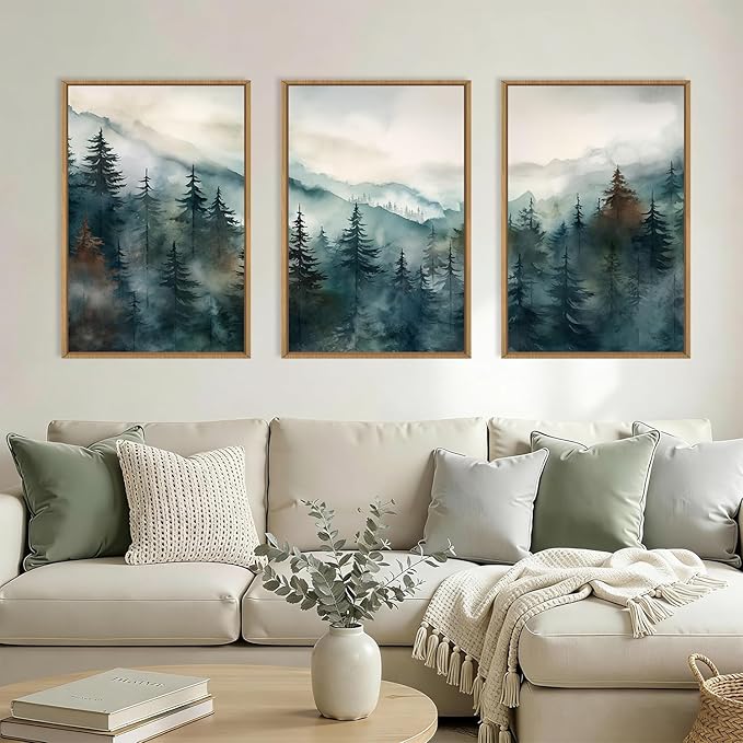 KAIRNE Watercolor Misty Forest Framed Canvas Wall Art Set, Nature Landscape Wall Decor, Foggy Mountain Pine Trees Wall Painting, Jungle Scenery Artwork for Living Room, Bedroom, Office-16 x24 x3