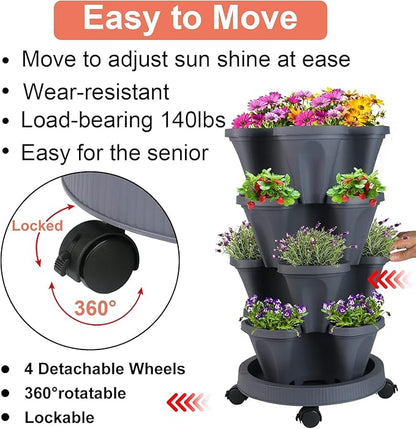 Vertical Planter 4 Tier Stackable Planters Garden Planters Strawberry Herb Flower and Vegetable Planter Indoor Outdoor Gardening Pots with Removable Wheels and Tools