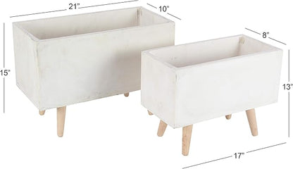 Deco 79 Fiberclay Ceramic Indoor Outdoor Planter Rectangular Large Planter Pot with Brown Wooden Legs, Set of 2 Planters 21", 17"W, White