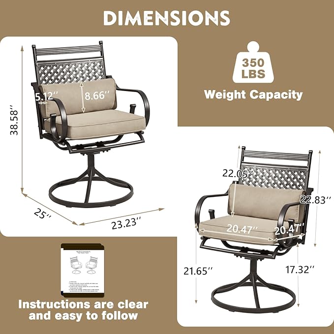 MELLCOM Patio Swivel Chair Set of 8, Heavy Duty Outdoor Dining Chairs with Cushions and Lumbar Pillows, Metal Patio Chairs Gentle Rocker for Outside, Garden Lawn & Porch, Backyard, Khaki