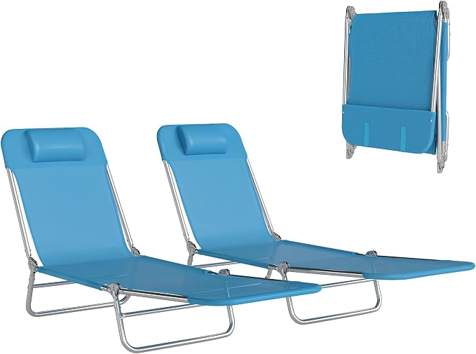 Outsunny 2 Piece Folding Chaise Lounge Chairs, Pool Sun Tanning Chairs with Reclining Back, Breathable Mesh Seat, Headrest for Beach, Yard, Patio, Blue