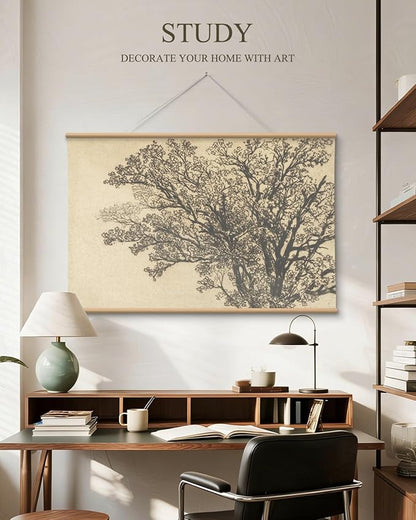 VIYYIEA Extra Large Canvas Wall Art 36x54 Inch Vintage Tree Sketch Landscape Hanging Scroll, Rustic Nature Wall Decor Oversized Artwork for Living Room Bedroom Above Sofa