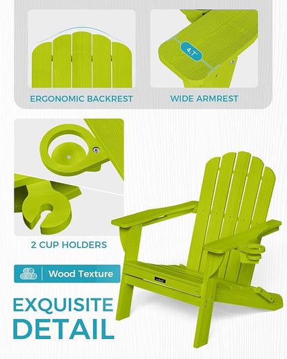 Adirondack Chairs Set of 4, Foldable Adirondack Chairs with 2 Cup Holder, Wood Texture HDPE Fire Pit Chairs, Outdoor Lawn Chair for Patio Garden, LemonGreen