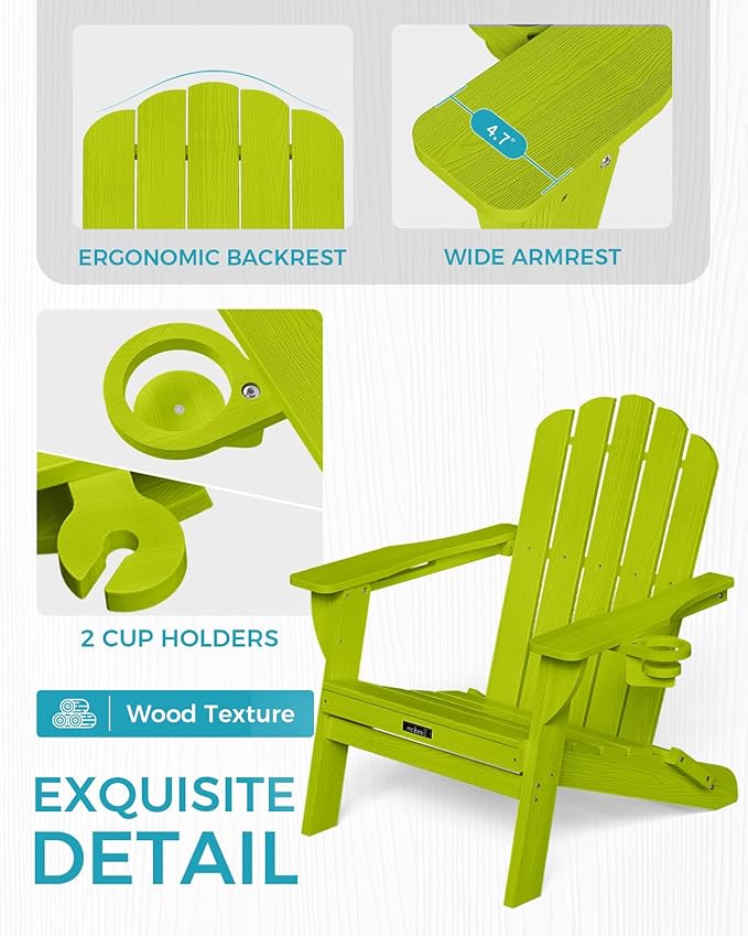 Adirondack Chairs Set of 6, Fire Pit Chairs, Wood Texture Patio Chairs with 2 Cup Holder, Outdoor Lawn Chair, LemonGreen