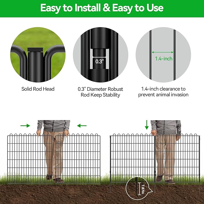Decorative Garden Fence 10 Panels 23.6 ft(L) X 32 in(H) Animal Barrier for Yard, Patio, Garden Borders, No-Dig Outdoor Fencing with Rustproof Metal Panels, Temporary Ground Stakes for Dogs, Rabbit