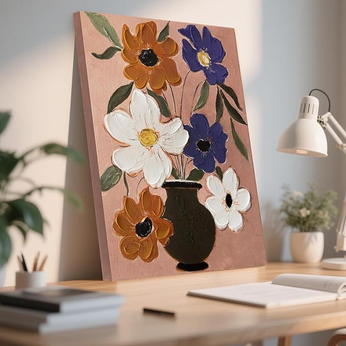 JolyWell Flower Market Print Decor,Abstract Modern Floral Oil Painting-Purple And orange White Fresh Art Canvas Print for Living Room, Hand-Painted Texture Art Bedroom Decor, Office Home Decoration