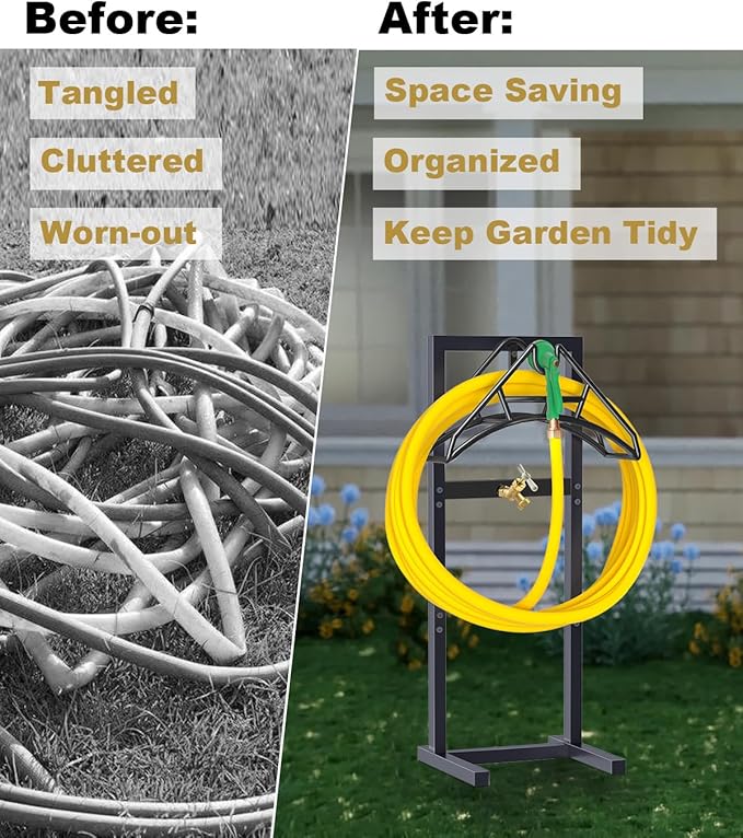Artigarden Outdoor Garden Hose Holder Freestanding with Brass Faucet And 4 Spikes, Heavy Duty Metal Water Hose Reel Stand Hanger Rack Organizer Holds Storage 150ft Hose for Outside Yard Lawn, Black