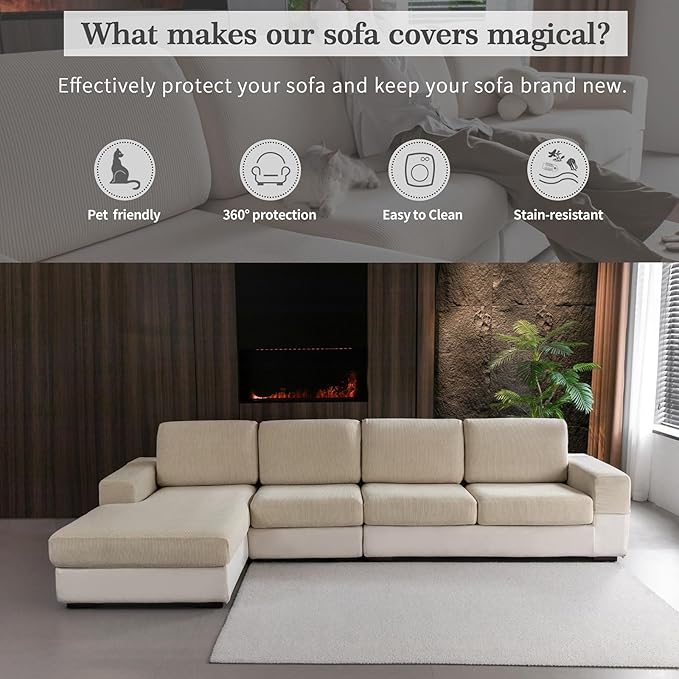 OHSIO Sectional Couch Covers, Wear Resistant Stretch Sofa Covers Washable Soft Couch Cushion Covers Anti Slip Furniture Protector Sofa Slipcovers for Pets (1 Piece Large Cover, Light Brown)