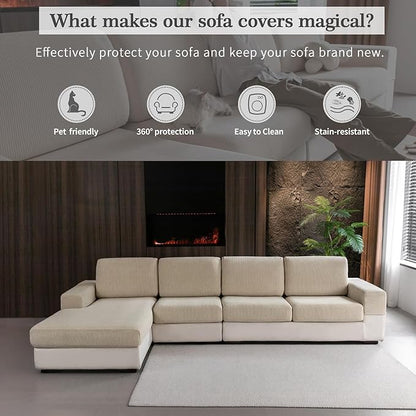 OHSIO Sectional Couch Covers, Wear Resistant Stretch Sofa Covers Washable Soft Couch Cushion Covers Anti Slip Furniture Protector Sofa Slipcovers for Pets (1 Piece Large Cover, Light Brown)