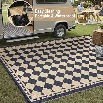 HUGEAR Outdoor Rug for Patios Clearance,Waterproof Mat,Large Outside Carpet,Reversible Plastic Straw Camping Rugs,Rv,Porch,Deck,Camper,Balcony,Backyard (6x9,Checkered/Black&Beige)