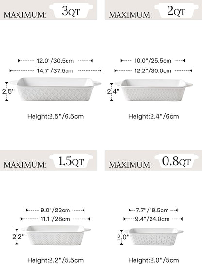 FOBENTA Casserole Dishes for Oven - Ceramic Bakeware Sets of 4, Rectangular Baking Deep Dishes with Handles, Lasagna Pans for Kitchen Cooking & Wedding Gift, Embossed