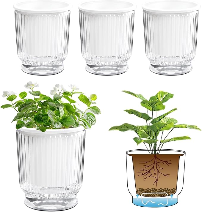 T4U 4.8 Inch Self Watering Plant Pot, 4 Pack Self Watering Pots, Self Watering Planter with Reservoir, Small Self Watering Pots for Indoor Plants, African Violets (4 Pack, 4.8", Clear)