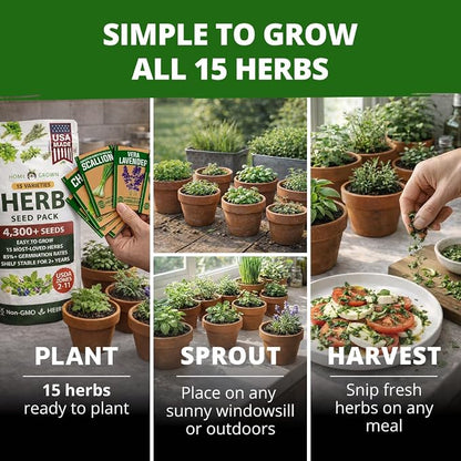 HOME GROWN Herb Seeds for Planting 15-Pack Massive Seed Count 4,300+ Seeds Non-GMO Heirloom | Extra Large | Culinary Herb Kit, Indoor Outdoor & Hydroponic | Grow Your Own Herbs | Gardening Gift
