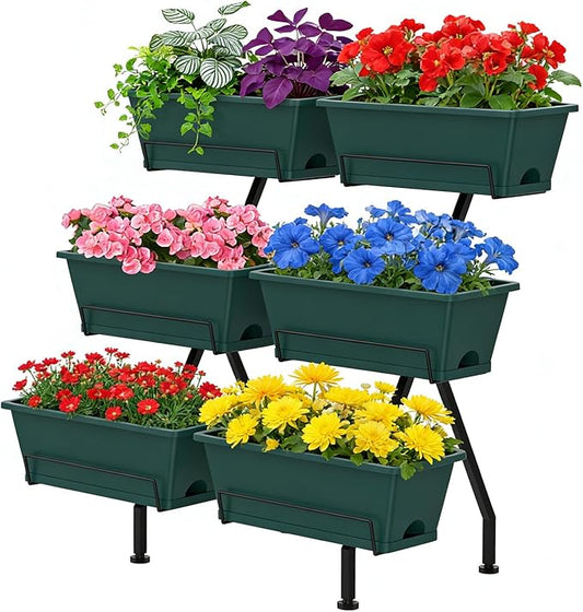Vertical Raised Garden Bed 3 Tier Vertical Garden Planter with 6 Container Boxes Indoor Outdoor Standing Herb Planter with Drainage Holes Removable Tray for Small Space Patio Balcony Porch, Green