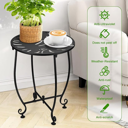14 Inch Outdoor Metal Side Table, Weather Resistant Small Round End Table for Patio, Yard, Balcony, Garden - Plant Stand Outside (Color1-Turtle Leaf, Black)