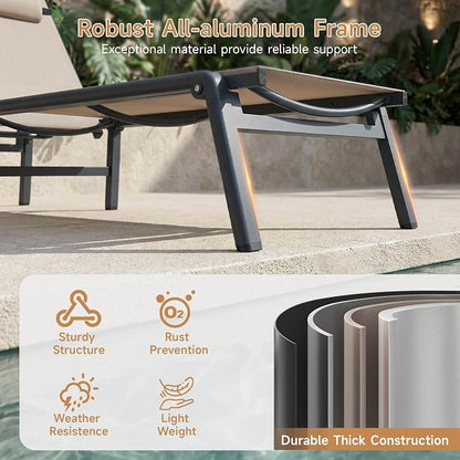 ONBRILL 2 PCS Chaise Lounge Chair Outdoor, Foldable & Assembly Free Outdoor Lounge Chair with 5 Position Adjustable Backrest, Aluminum Pool Lounge Chairs for Outside Poolside Patio Beach Lawn, Khaki