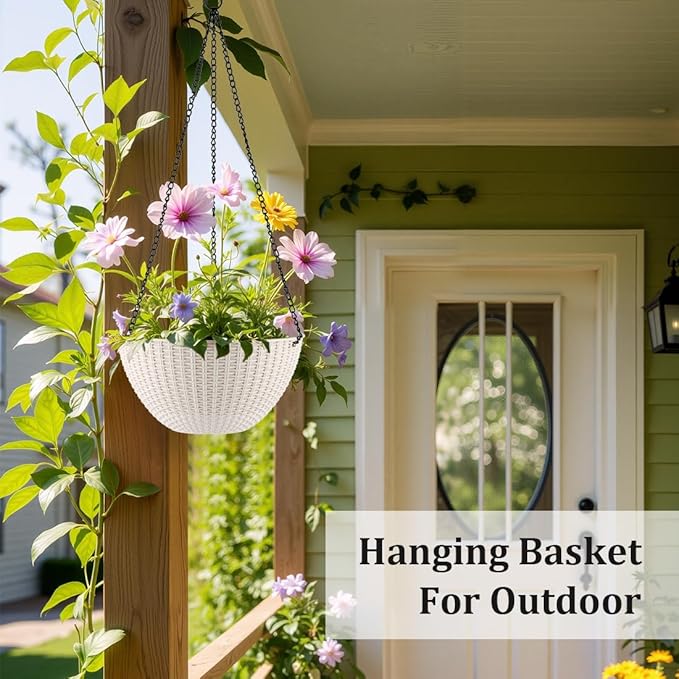 Hanging Planters for Indoor Outdoor Plants 8 and 10 Inch, 4 Packs Plant Hanger with Drainage Holes, Hanging Basket Flower Pot Perfect for Home, Office and Garden,White