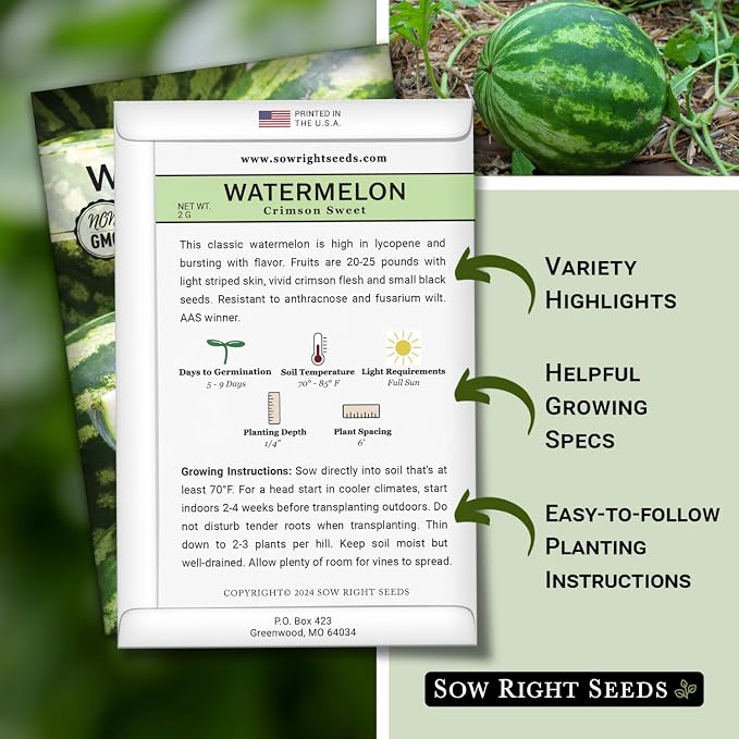 Sow Right Seeds - Crimson Sweet Watermelon Seeds for Planting - Non-GMO Heirloom Packet with Instructions to Plant a Home Vegetable Garden - Large Red Melon with Sweet Flesh - Summer Variety (3)