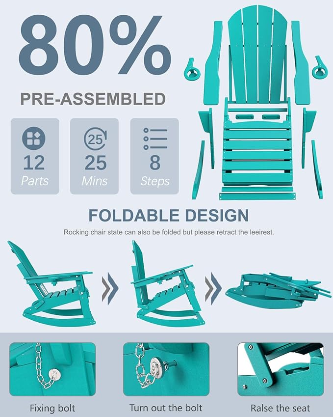 Adirondack Rocking Chairs Set of 4 with Retractable Ottoman, All Weather Folding Adirondack Chair with Two Cup Holders, Adirondack Outdoor Rocking Chairs for Porch, Patio, Balcony. Lake Blue