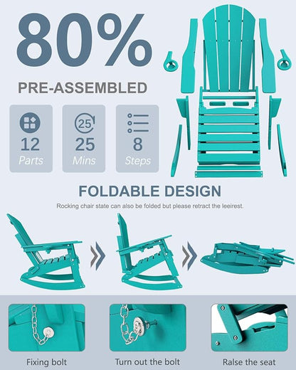 Adirondack Rocking Chairs Set of 4 with Retractable Ottoman, All Weather Folding Adirondack Chair with Two Cup Holders, Adirondack Outdoor Rocking Chairs for Porch, Patio, Balcony. Lake Blue