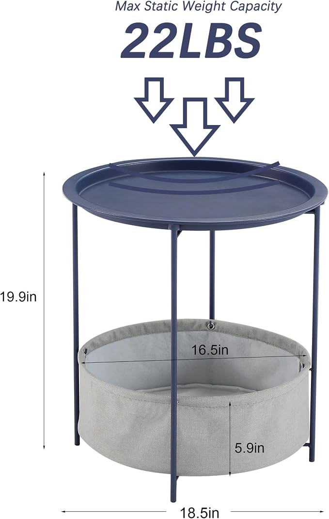 VECELO Round Side/End Table with Fabric Storage Basket，Metal Anti-Rust and Waterproof Small Bedside Nightstand with Removable Tray Top for Living Room，Balcony & Laundry，Blue /2pcs with Basket