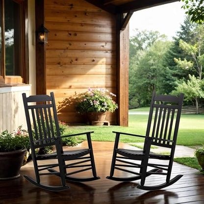 Patio Black Outdoor Rocking Chairs Set of 2 Black Wooden Porch Rockers Furniture for Audlt Indoor Outside Balcony Garden Backyard Lawn Bistro and Lounge