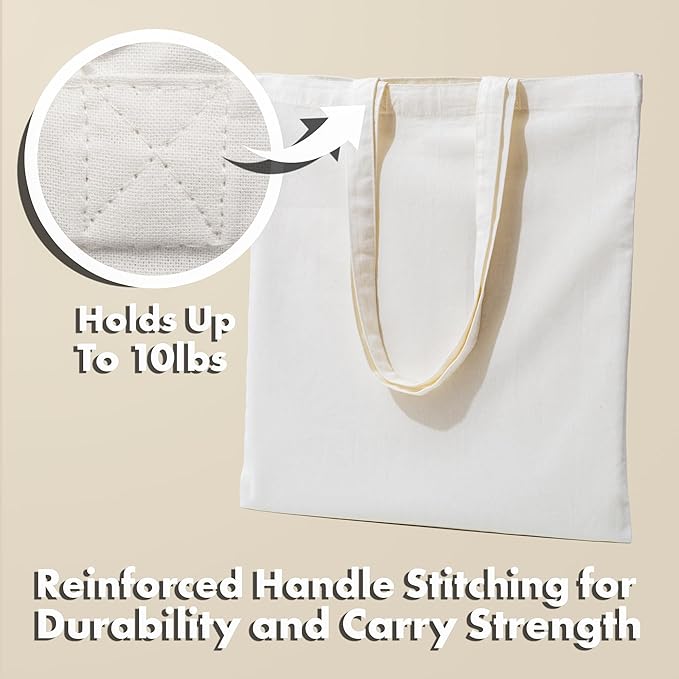 Carrywell (Not Made In China) Canvas Tote Bags 5-Pack, 15"x16", Bulk Organic Cotton Reusable Shopping Bag, Blank Cloth Totes With Handles