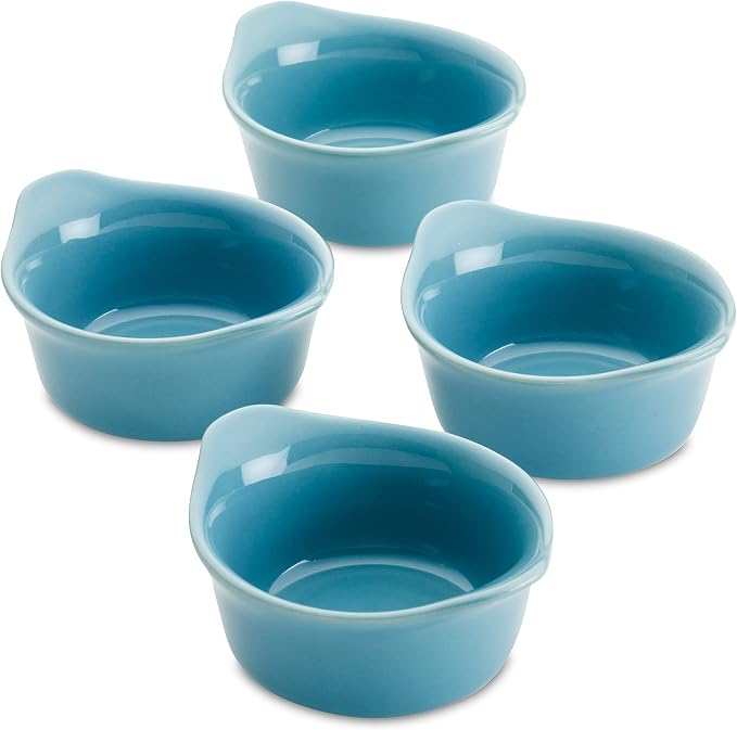Rachael Ray Solid Glaze Ceramics Round Ramekins/Dipping Cup Set, 4 Piece, Agave Blue (Pack of 3)