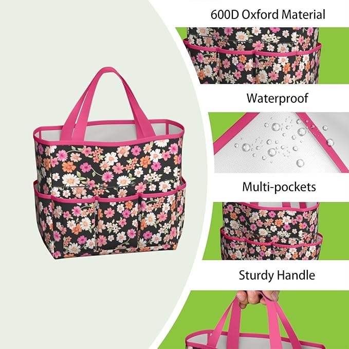 Daisy Flowers Garden Tool Bag - Waterproof Garden Tote with 8 Pockets, Large Storage Home Organizer Gardening Tool Oxford Bag for Garden Tools Kits Holder, Ideal Outdoor Gardening Gift for Women & Men